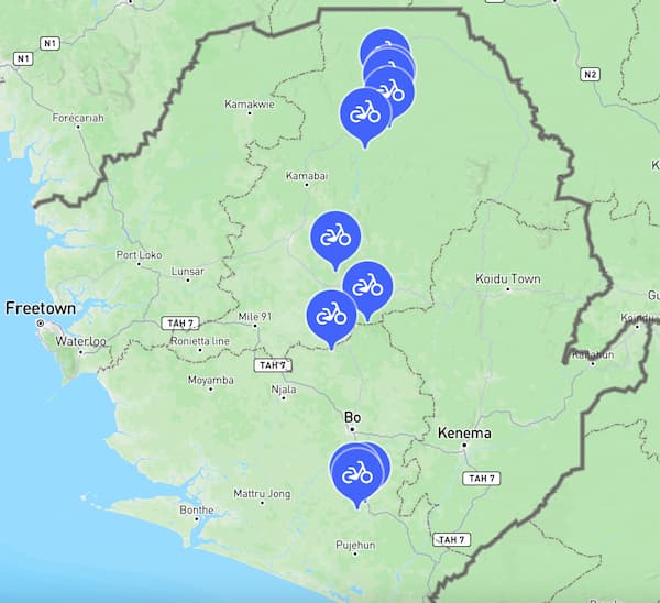 Map of Sierra Leone showing distribution areas