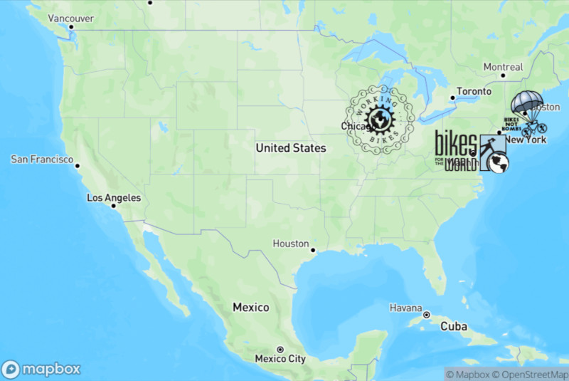 Map of United States showing bicycle collection locations